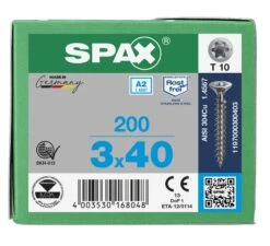 SPAX-S 1197000300403 Roestvaststalen Schroef, Verzonken Kop, 3 X 40, Voldraad, T-STAR Plus TX10, S-punt - Blank - 200 Stuks -HandelFix Winkel 40ab72132b7bfe017124d385258125a2