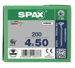 SPAX 1191010400503 Universele Schroef, Verzonken Kop, 4 X 50, Voldraad, T-STAR Plus TX20 - WIROX - 200 Stuks -HandelFix Winkel b67eb7e4b336f36ab63f5151d03374df